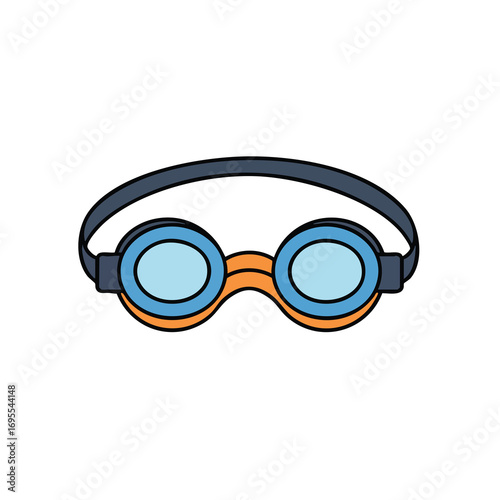 A colorful cartoon illustration of a pair of swimming goggles with blue lenses and an orange frame on a white background.