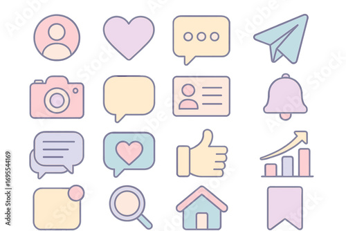Pastel Social Media Icons Set with Communication Symbols and User Interface Elements, Vector Cartoon Illustration, Transparent Background, Organized Collection, Messaging, Likes, Notifications