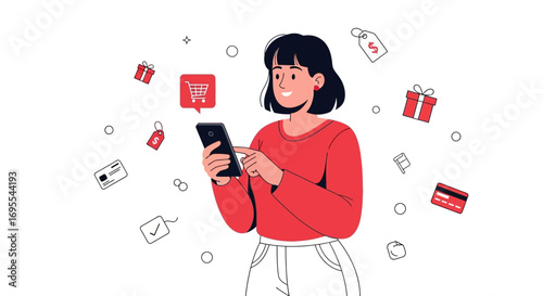 Online Shopping Illustration: Woman Browsing Smartphone and Purchasing Items