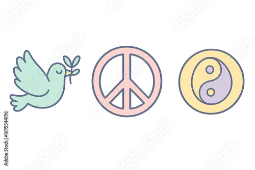 Peace symbols set with dove holding olive branch, peace sign, and yin yang in pastel colors, vector cartoon illustration, harmony, balance, and tranquility concept, transparent background