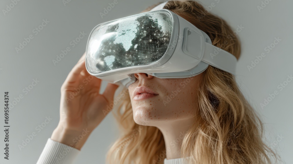 Naklejka premium A woman immersed in a virtual reality experience, the world reflected in the lens of the VR headset. ..Created with Generative AI, not depicting real subjects.