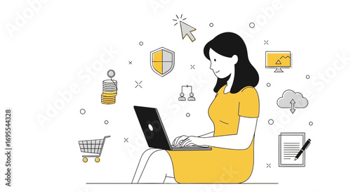Online Work And Digital World: Modern Illustration Depicting Business And Finance