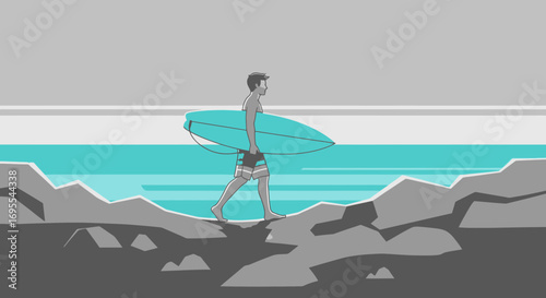 A Surfer Carries Board Along Rocky Shoreline to Enjoy The Refreshing Ocean Waves