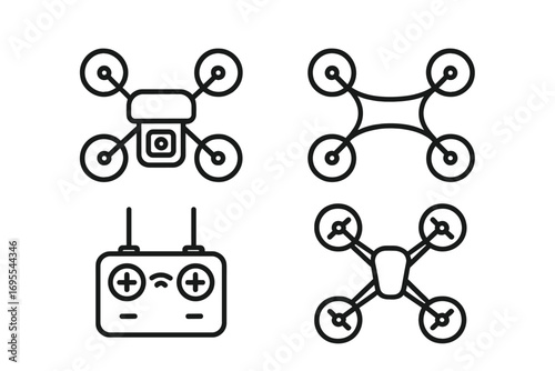 Minimalist drone icon set in linear style. Quadcopter, UAV, and remote controller symbols. Vector graphic for technology, aerial flight, camera, delivery, surveillance.