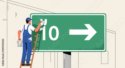 Road Sign Painter Modifying The Route, Adding Numbers on A Directional Board
