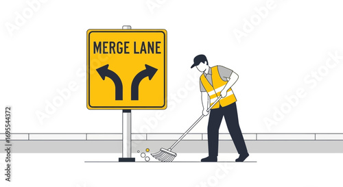 Road Work In Progress Shows Street Maintenance Next To Merge Lane Sign