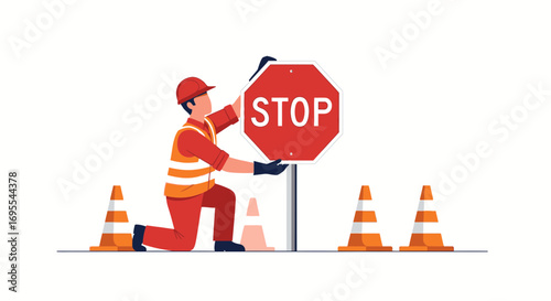 Road Worker Installing a Stop Sign with Cones for Traffic Safety Warning