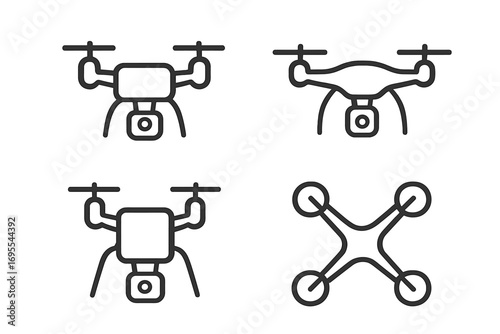 Drone icon set, quadcopter with camera vector illustration. Minimalist linear design for modern technology projects. Aerial photography, delivery, and surveillance concept.