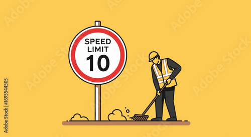 Roadway Safety Symbolized: Illustrated Road Worker Near Speed Limit Sign in Yellow
