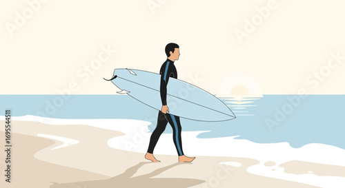 A Surfer Strolling Across Sand, Carrying His Board Towards Ocean Waves for Action