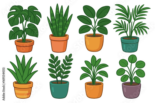 Various indoor plants in colorful pots showcasing diverse shapes and sizes for home decoration and gardening inspiration. Vector cartoon illustration collection of houseplants with green foliage.