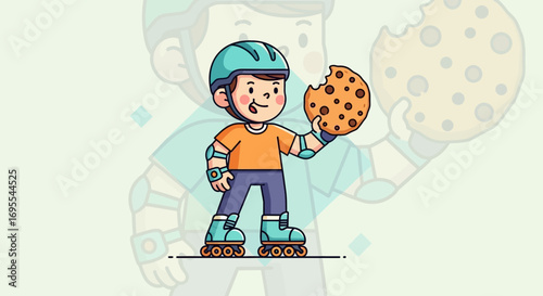 Roller Skating Boy Joyfully Consuming a Delicious Biscuit While Maintaining Safety Gear