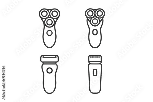 Electric shaver and trimmer line icon set. Minimalist vector icons for men's grooming and personal care. Rotary and foil shaver illustrations for barber shop design.