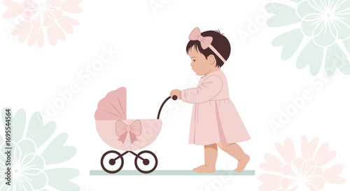 A Sweet Little Girl Pushing a Lovely Pink Pram on a Playful, Floral Background