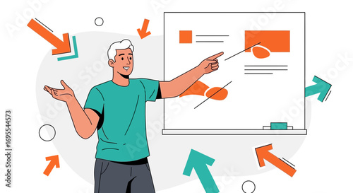 Person Presenting And Explaining Information With Arrows Illustrating The Strategy
