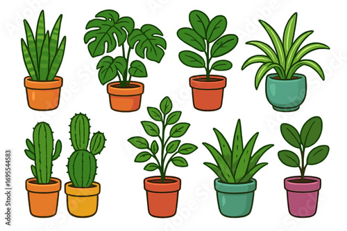 Various indoor plants in colorful pots, diverse shapes and sizes, home decoration, gardening inspiration, vector cartoon illustration, potted greenery, houseplants collection, botanical art