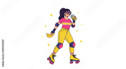Roller Skating Figure Enjoying a Beverage with Protective Gear and Bananas