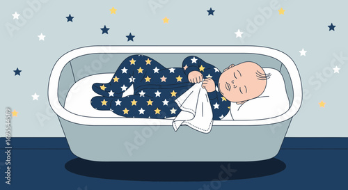 A sweet illustration of a sleeping baby in a crib for bedtime and childhood themes