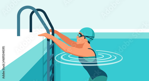 A Swimmer Exiting The Pool Using The Ladder, A Moment Of Recreation and Wellness
