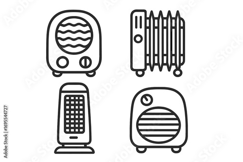 Heater icons line art set. Various portable electric heaters vector illustration. Home heating appliance symbols, including fan, oil radiator, and ceramic tower heater.