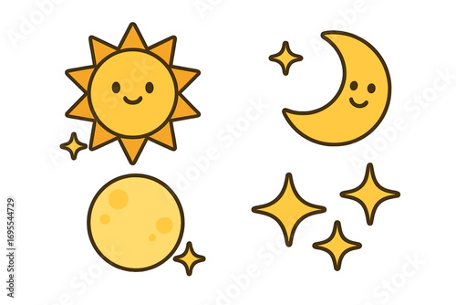 Cute sun and moon icons with smiling faces and star elements, flat design vector illustration, cartoon celestial set with night and day themes, transparent background