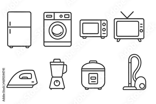 Household appliances line icon set. Home electronics collection. Kitchen equipment symbols. Refrigerator, washing machine, microwave, TV, iron, blender, vacuum cleaner vector.