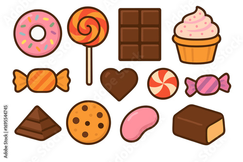 Sweet treats collection flat style cartoon candy chocolate and desserts set with lollipop, donut, cupcake, chocolate bar, cookies, sweets, and candies illustration with transparent background