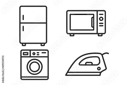 Household appliances line icon set. Home electronics collection. Vector symbols of a refrigerator, microwave, washing machine, and iron. Minimalist outline domestic illustration.