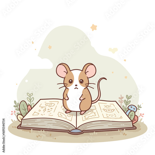 Charming flat design illustration of a cute mouse sitting on an open book, evoking curiosity and imagination in a whimsical setting. Perfect for children's themes.