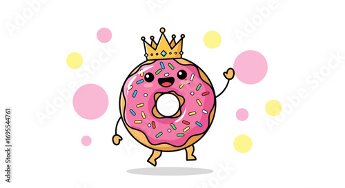 Royal Donut Illustration: Charming Cartoon Character Dressed as a King with Sprinkles