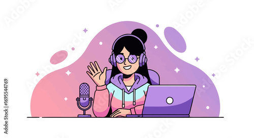 Podcast Host Greeting Audience Using Laptop and Microphone In Digital Illustration