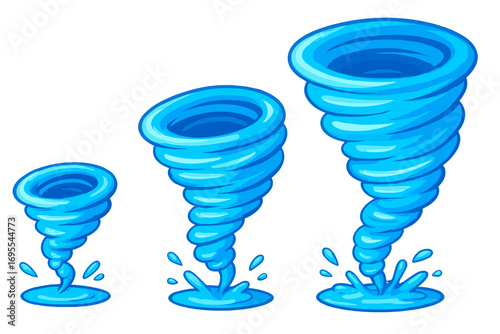 Various stages of a vibrant blue water tornado illustration with swirling motion effects, playful vector cartoon design, dynamic water vortex, splash elements, creative weather concept
