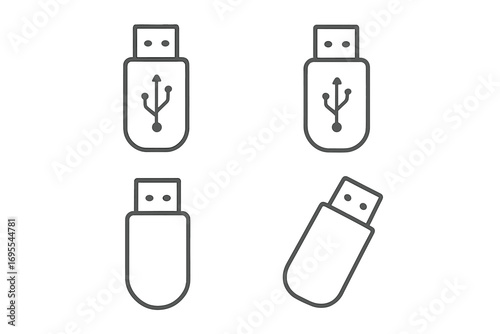 USB flash drive icon set. Minimalist line art vector. Data storage, memory stick, tech concept. Digital information and portable device symbols. Universal serial bus pictogram.
