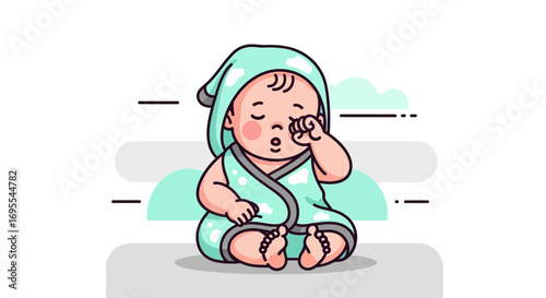 A Tired Infant in Turquoise Robe Rubbing Their Eyes Ready For Sleep