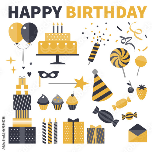 Birthday party elements in black and yellow