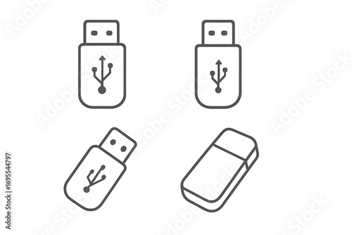 USB flash drive line art icon set. Minimalist vector pictogram collection of memory stick and pen drive symbols. Simple outline illustration for data storage and transfer.
