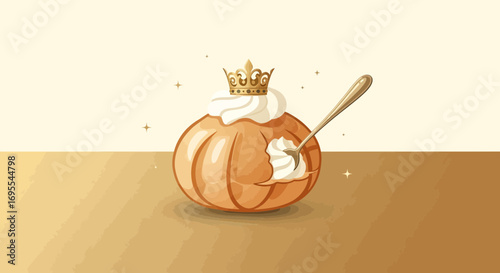 Royal Pastry Illustration Featuring Whipped Cream, a Crown, and Golden Accents