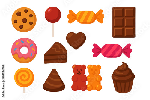 Sweet treats collection flat style candy and chocolates vector cartoon illustration with transparent background ordered set with cookies lollipops donuts cake gummies and cupcake