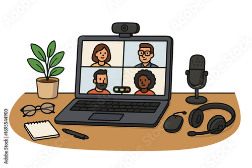 Virtual meeting essentials home office setup with laptop, webcam, microphone, headset, plant, glasses, mouse, notepad, pen – video conference cartoon vector illustration