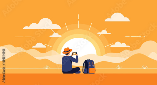 A Traveler Captures the Sunset with Phone Amidst Hilly Scenery in Modern Vector Style