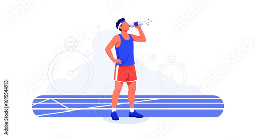 Runner Hydrating After Intense Workout On Track with Stopwatch Timing Sessions Visualization