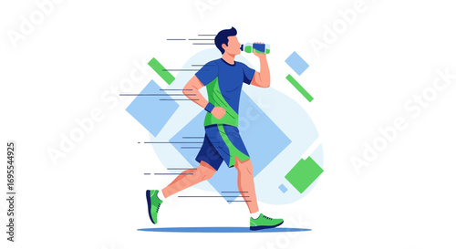 Runner Hydrating While Exercising Amidst Dynamic Geometric Shapes, Fresh Concept