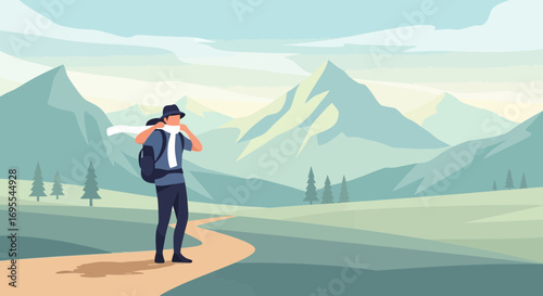 A Traveler Hiking, Standing in Front of Mountain Peaks on a Cloudy Day Adventure Scene