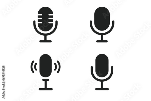 Microphone icon set for audio and podcasting. Simple mic silhouette for record button or broadcast logo. Voice recording glyph for web UI design and sound symbol vector.
