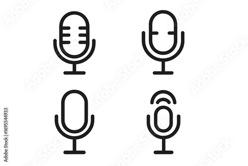Minimalist microphone line icon set. Vector collection of mic symbols for podcast, radio, sound recording, voice, broadcast, and audio interface design. Simple outline style.
