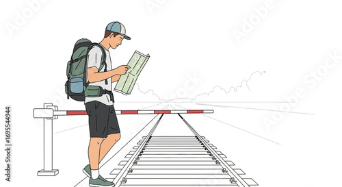 A traveler is looking at a map next to a railway crossing trying to find direction