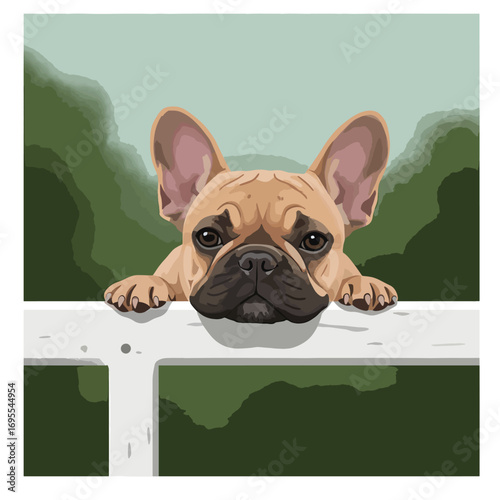 Charming flat design illustration of a French Bulldog resting its head on a railing, set against a serene green background. A cute and peaceful vector artwork.