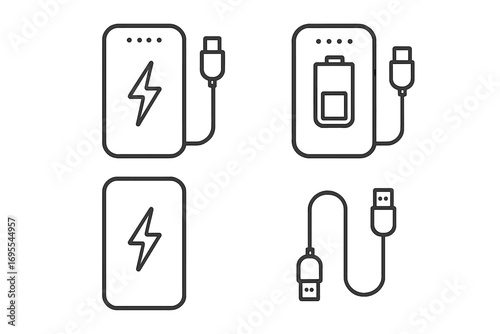 Power bank icon set. Minimalist line art of portable charger, battery. USB cable vector illustration. Mobile device energy concept. Powerbank pictogram collection for apps.