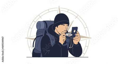A Traveler Looking at a Compass for Navigation and Direction Using Skills and Knowledge