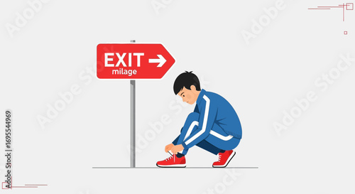 Runner Pauses To Prepare For Journey As Exit Sign Directs Destination With Mileage Information